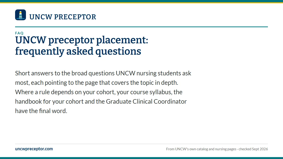 UNCW preceptor placement: frequently asked questions. Short answers to the broad questions UNCW nursing students ask most, each pointing to the page that covers the topic in depth. Where a rule depends on your coho