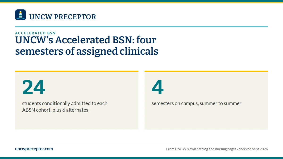UNCW's Accelerated BSN: four semesters of assigned clinicals. 24: students conditionally admitted to each ABSN cohort, plus 6 alternates; 4: semesters on campus, summer to summer.