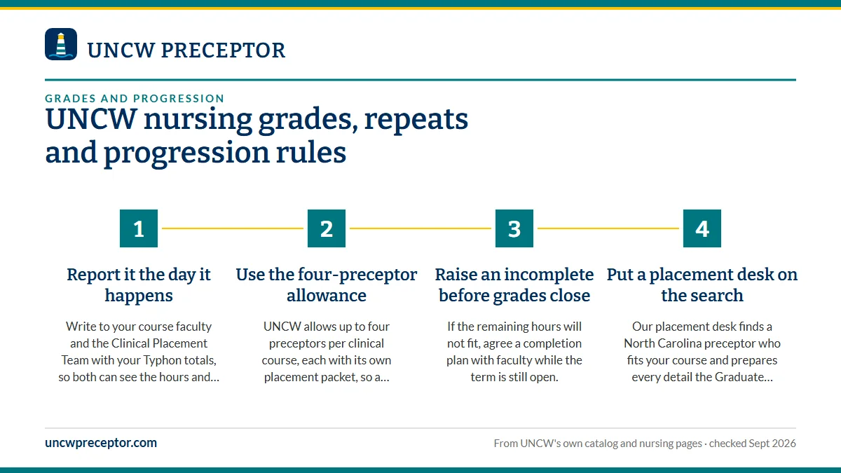 Numbered steps. How a lost preceptor becomes a progression problem: 1 Report it the day it happens; 2 Use the four-preceptor allowance; 3 Raise an incomplete before grades close; 4 Put a placement desk on the search.